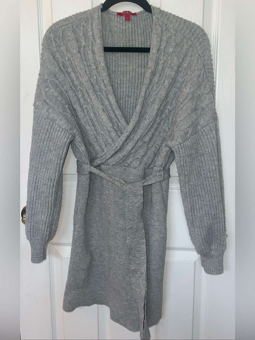 Guess Gray Cable Knit Sweater Wrap Style  Dress Raglan Balloon Sleeve Sz L